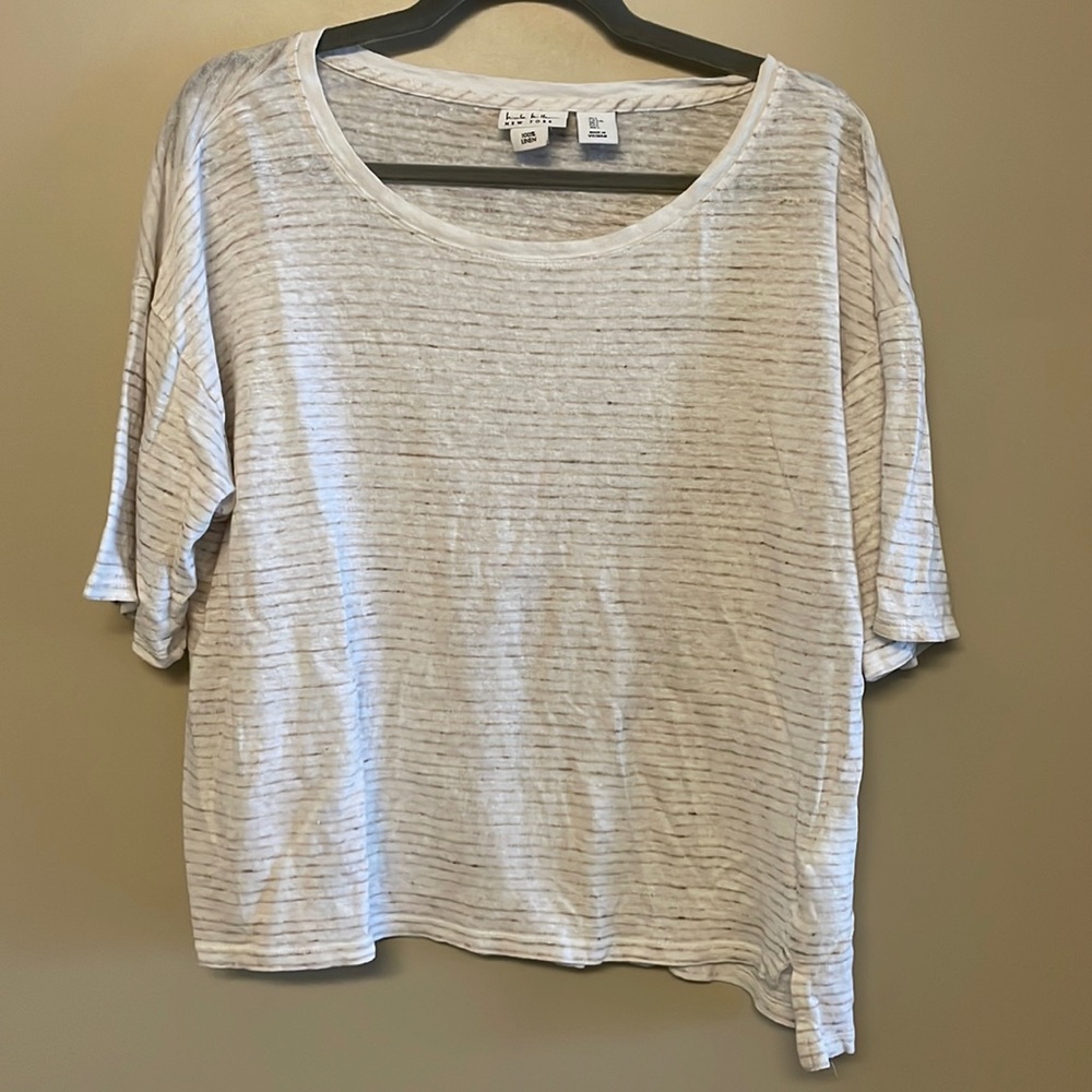 Nicole Miller New York 100% linen striped top semi crop semi sheer size L